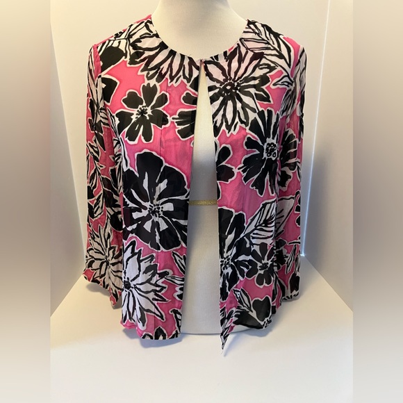 Laura Ashley Jackets & Blazers - 🦋Laura Ashley Womens Silk Jacket, Size M, Pink/Black/White, Beaded, Floral